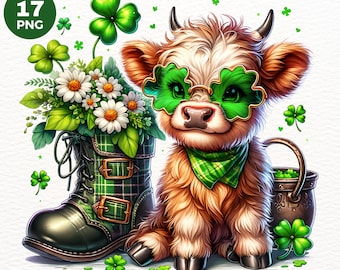 St Patrick Baby Highland cow clipart, St Patricks day PNG, Watercolor Highland Calf for sublimation, Leprechaun hat PNG. Commercial use