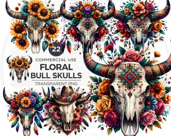 Floral Bull skull PNG clipart, Boho western PNG, Western Sublimation, floral cow skull with feathers crafts and sublimation. Commercial use