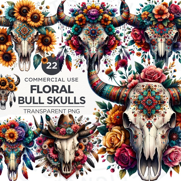 Floral Bull skull PNG clipart, Boho western PNG, Western Sublimation, floral cow skull with feathers crafts and sublimation. Commercial use