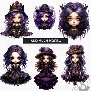 May include: A set of digital illustrations featuring purple-haired girls wearing various gothic-inspired outfits and hats. The girls have large eyes and are depicted in a whimsical style.
