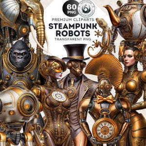 Puede incluir: Una colección de imágenes prediseñadas de robots steampunk en tonos dorados, bronce y plateados. La imagen presenta varios diseños de robots, incluyendo un elefante, un gorila y humanoides, con detalles intrincados y accesorios de inspiración victoriana. El texto dice "Premium Cliparts Steampunk Robots Transparent PNG".