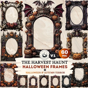 Gothic Halloween Frames, Ornate Autumn Borders, Junk Journal Kit (60 PNG)