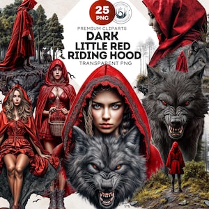 Set di clipart di Cappuccetto Rosso scuro, clipart di fantasia gotica, clipart del lupo cattivo, sublimazione PNG di fiabe, album di ritagli, diario di scarto