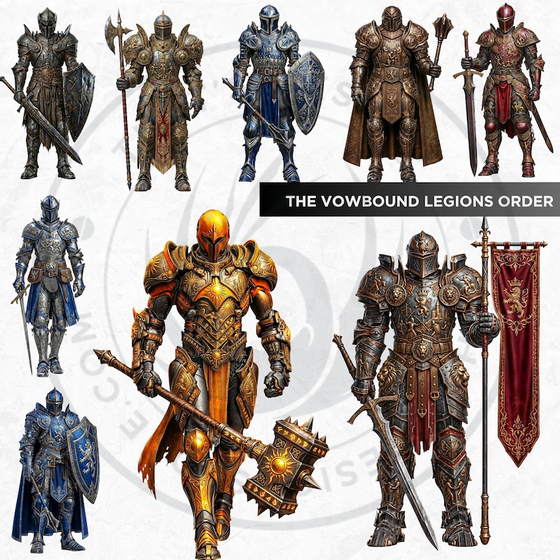 Knightly Orders Fantasy Clipart Bundle: Medieval Warrior, Crusader Illustrations (PNG, Digital download)
