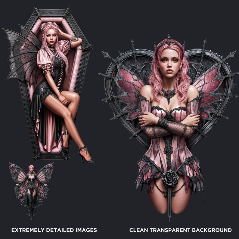 Black & Pink Gothic Fairies PNG, Dark Fairy Art Clipart, Pastel goth Fantasy for Sublimation Craft, Transparent background, Commercial use
