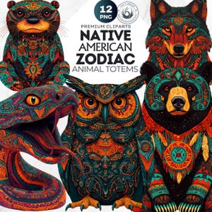 Totens de animais do zodíaco nativo americano PNG Clipart, designs vibrantes de espíritos animais, mitologia nativa americana, arte animal tribal, zodíaco PNG