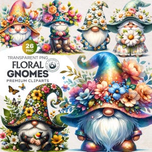 Floral Gnomes clipart Set, 26 Spring Gnome clipart, sublimation gnome png graphics, flowers png, Spring sublimation, Transparent background