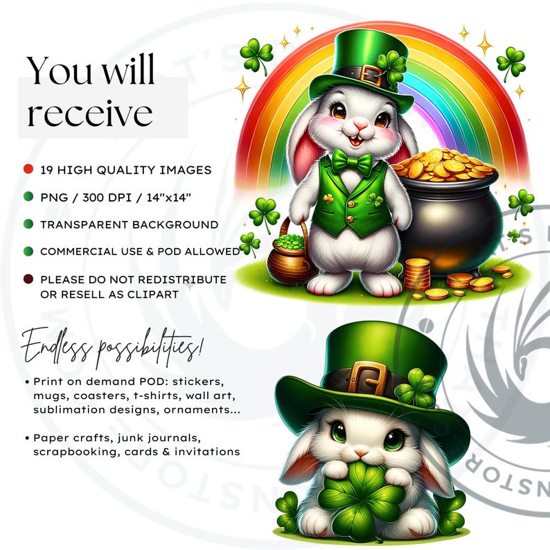 Shamrock Rabbit St Patricks Day Bunny Clipart: Shamrock Illustration (PNG) - Etsy