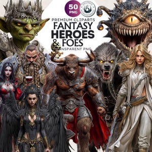 Fantasy Heroes and Foes Clipart Bundle: TTRPG Character Art, D&D Monsters (PNG, Digital download, Commercial Use)
