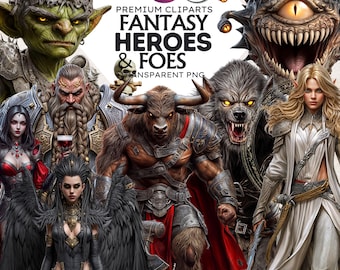 Pacchetto di clipart di eroi e nemici fantasy: personaggi per giochi di ruolo da tavolo, mostri per D&D (PNG, download digitale, uso commerciale)
