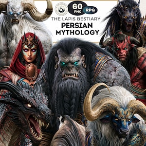 May include: A digital collection titled The Lapis Bestiary Persian Mythology featuring 60 PNG files for RPG games. The image displays various fantasy creatures including a horned white beast, a dark dragon, a hooded figure, and a large grey troll.