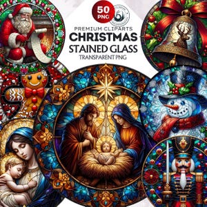 50 Christmas Round Stained Glass Clipart Set | Christmas Ornaments PNG, Christmas PNG Designs for Sublimation, Coasters and Crafts.