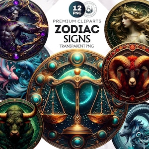 12 Ätherische Sternzeichen Clipart Set, Astrologie Clipart, Horoskop Zeichen, Fantasy Clipart, Himmlische Clipart, Sternzeichen Sublimation, Sternzeichen png