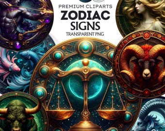May include: Twelve zodiac signs illustrated in a circular design with gold and jewel-toned accents. Each sign is depicted with a unique image, such as a ram, a bull, and a set of scales.
