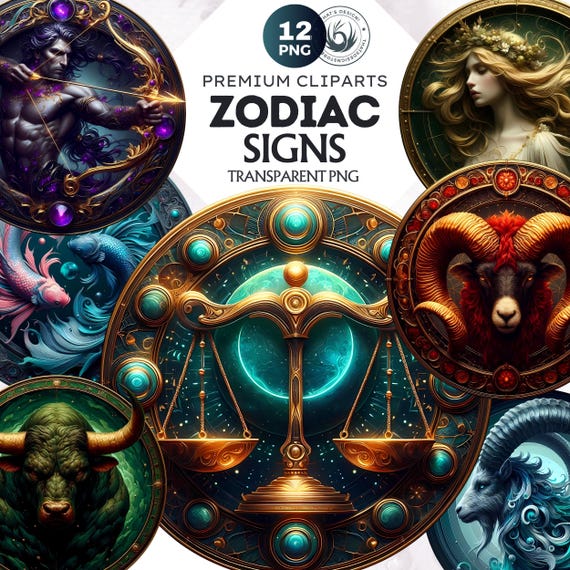 Ethereal Zodiac Signs Clipart Set: Astrology PNG (Digital Download)