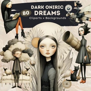 Può includere: Illustrazione digitale con un'estetica oscura e onirica. L'opera d'arte include figure, un telescopio, un gatto nero e il testo "DARK ONIRIC DREAMS 80 Cliparts + Backgrounds."