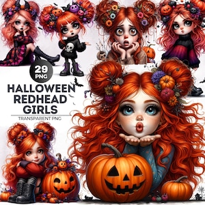 29 niedliche Halloween Rothaarige Mädchen Clipart-Set, Kürbis, Halloween-Mädchen, kleine Hexe, schrulliges Mädchen, Halloween PNG, Kinder-Halloween-Clipart