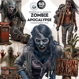 Zombie Apocalypse Clipart PNG - Horror Survival Sublimation Craft for halloween 2025, dystopian people in grunge style, rugged spooky decor
