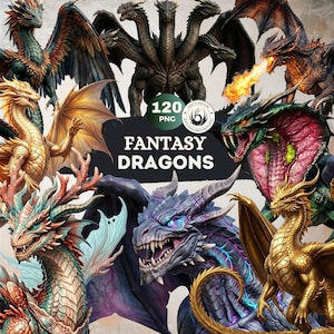 May include: A collection of fantasy dragon illustrations in various colors and poses. The image includes dragons with multiple heads, wings, and fiery breath. The text "FANTASY DRAGONS" is displayed prominently, along with "120 PNG".