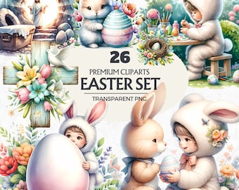 Paquete de imágenes prediseñadas de Pascua en acuarela: 26 imágenes PNG (descarga digital)