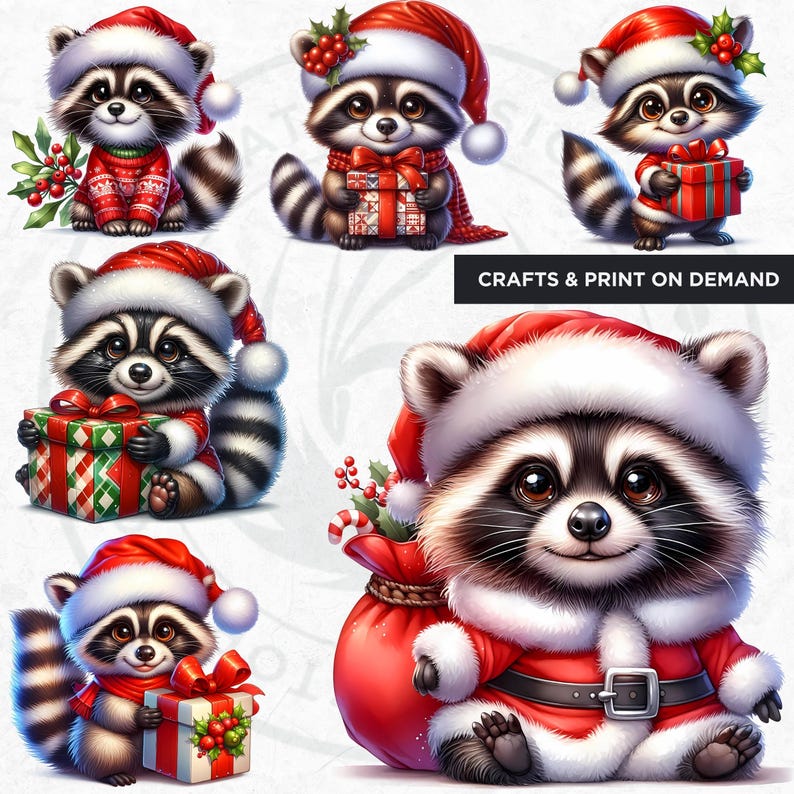 53 Cute Raccoon PNG Clipart Set, Christmas Raccoon clipart, Baby animal with Santa Hat Png, Christmas Clipart, Christmas cards & sublimation