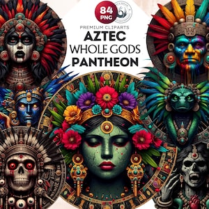 84 Aztec Whole pantheon of Gods clipart Set, Aztec mythology Graphics, Mesoamerican culture, Quetzalcoatl, Tezcatlipoca, Sublimation design