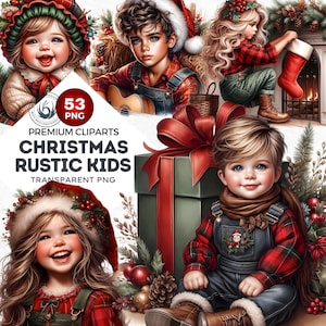 53 Rustic Christmas kids Clipart Set, Cosy Christmas children clipart, Christmas clipart, holiday kids illustrations, Santa girl and boy PNG