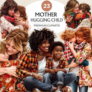 Watercolor Mother's day Clipart serie, Mother hugging her Child, Mother's love tributes and family-themed designs, Mom sublimation designs.