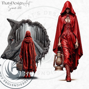 Dark Little red riding hood Clipart Set, Gothic Fantasy clipart, hunter, wolf clipart, Fairytale PNG sublimation, Scrapbook, Junk Journal
