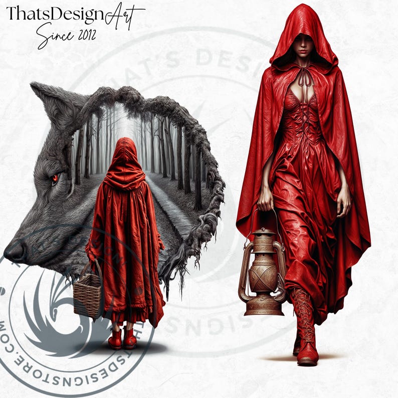 Dark Little red riding hood Clipart Set, Gothic Fantasy clipart, hunter, wolf clipart, Fairytale PNG sublimation, Scrapbook, Junk Journal