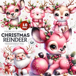 16 Cute Pink Reindeer PNG Clipart bundle, Watercolor Santa reindeer illustration, Christmas Clipart for Christmas cards sublimation designs