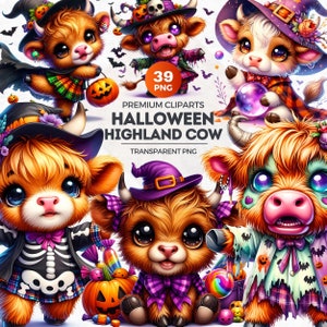 39 ハロウィーン ハイランド牛のクリップアート セット、魔女 PNG、かわいいハロウィーン クリップアート、ハロウィーン PNG、キッズ ハロウィーン、ハロウィーン昇華デザイン