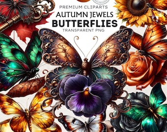 Bundle de cliparts papillon bijoux d'automne : PNG floraux de mauvaise humeur pour journaux indésirables et sublimation