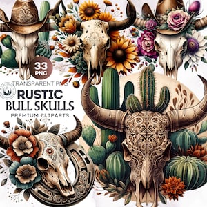 Conjunto de clipart PNG de crânio de touro rústico, PNG ocidental, sublimação ocidental, crânio de vaca floral com artesanato de girassol e sublimação. Uso comercial