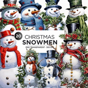 Christmas Snowman PNG Clipart bundle, snow illustration, Winter Clipart for Christmas cards and sublimation designs. Commercial use and POD