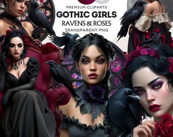 Gothic Girls Clipart: Ravens & Roses PNG Set (Digital Download, Commercial Use)