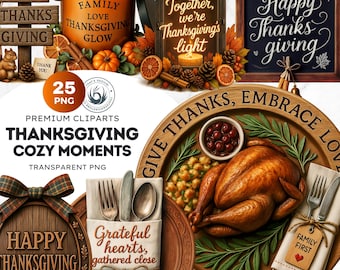 May include: Thanksgiving-themed digital clipart set featuring a roasted turkey, candles, and decorative elements. Includes text like "Happy Thanksgiving" and "Give Thanks, Embrace Love." Perfect for creating festive designs.