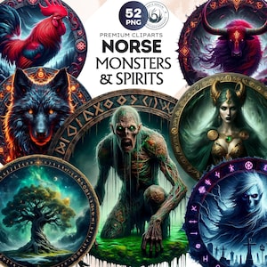 Norse Mythology Monsters and spirits clipart set, Viking Legendary beast, Viking mythology, Norse deities, crafts and Sublimation designs