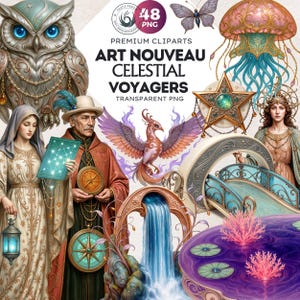 Art nouveau Celestial Voyagers Clipart PNG Set, figures célestes, bateaux ornés et créatures enchantées, phénix, baleine, méduse, serpent