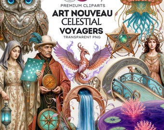 Conjunto de imágenes prediseñadas de Viajeros Celestiales Art Nouveau: PNGs de fantasía (Descarga digital, uso comercial)