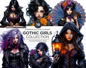 Gothic Girls Clipart: Victorian Goth PNG Bundle (Digital Download, Commercial Use)