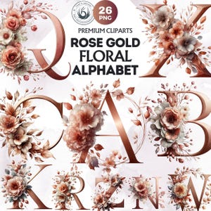 Pode incluir: Clipart de alfabeto floral em ouro rosa. Cada letra é adornada com flores delicadas em tons de pêssego, creme e castanho. As letras são exibidas em um fundo branco. A imagem inclui o texto "Rose Gold Floral Alphabet" e "26 PNG".