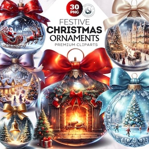 Ensemble de 30 cliparts de décorations de Noël, clipart Noël PNG, décoration de Noël élégante, boules de Noël, clipart hiver - scènes de vacances