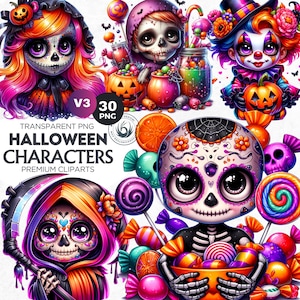 30 Vibrant Halloween Characters Clipart V3, Cute Halloween png, Halloween treats png | Kids Halloween digital prints | Halloween Sublimation