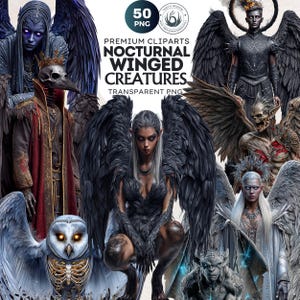 Gotiska mörka fantasyvarelser Clipart-set: Bevingade änglar, demoner, odöda, RPG (digital nedladdning av PNG)