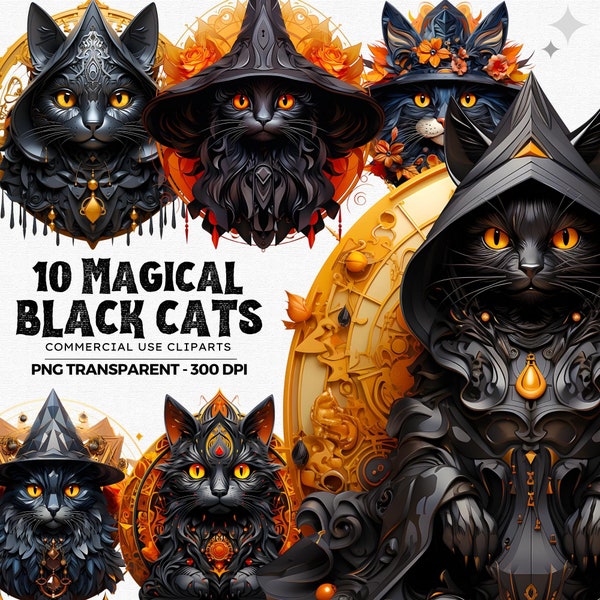 Halloween Black Cat Clipart PNG, Magical Esoteric Wizard Black Cat. Invitation, Crafts, Shirts Sublimation design. Witch Cat. Commercial use