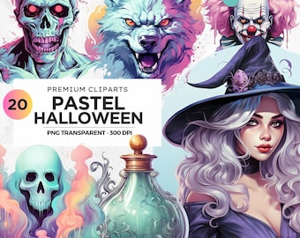 20 Pastel Halloween Clipart PNG: Watercolor Goth Graphics (Commercial Use)