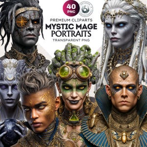 May include: A digital art image featuring six mystic mage portraits. The portraits showcase diverse characters with unique features, including intricate makeup, accessories, and fantastical elements. The image includes the text "Premium Cliparts Mystic Mage Portraits Transparent PNG".