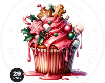 29 Cupcakes de Noël rose aquarelle Clipart | Délicieux PNG de Noël pour sublimation, Clipart de bonbons de Noël, Cupcake rose PNG.