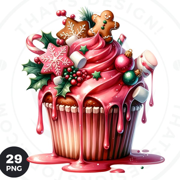 29 Watercolor Pink Christmas Cupcakes Clipart | Delicious Christmas PNG for Sublimation, Christmas Sweets Clipart, Pink Cupcake PNG.